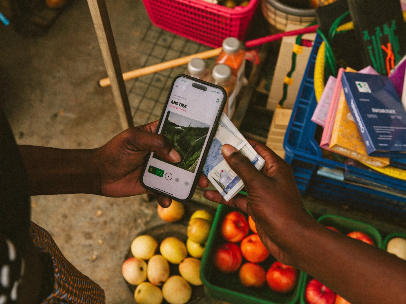 Mobile money payment on a phone at a market